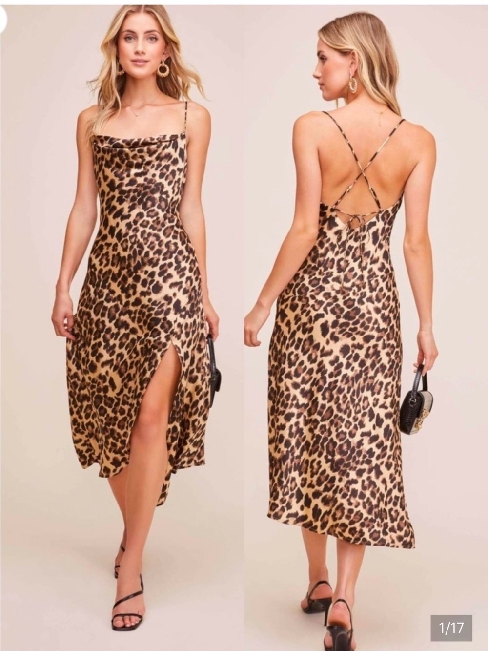Astr Leopard-Print Satin Slip Midi Dress in Brown and Black